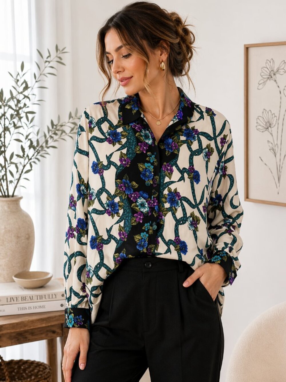 Vintage Floral Ruffle Blouse Romantic Grandmillennial Button Front Top 10